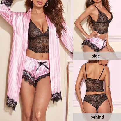 Women's Summer Nightwear Lace Satin With Silk Sleepwear Robe Sexy Pajama Pants