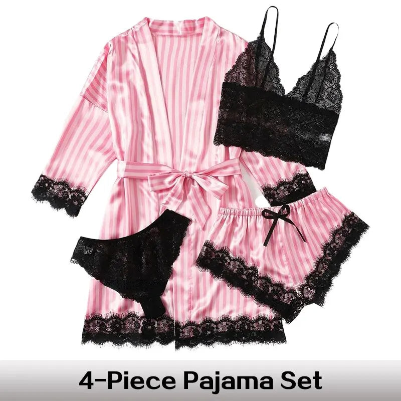 Women's Summer Nightwear Lace Satin With Silk Sleepwear Robe Sexy Pajama Pants