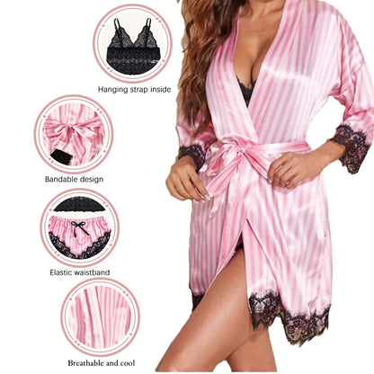 Women's Summer Nightwear Lace Satin With Silk Sleepwear Robe Sexy Pajama Pants