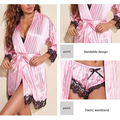 Women's Summer Nightwear Lace Satin With Silk Sleepwear Robe Sexy Pajama Pants